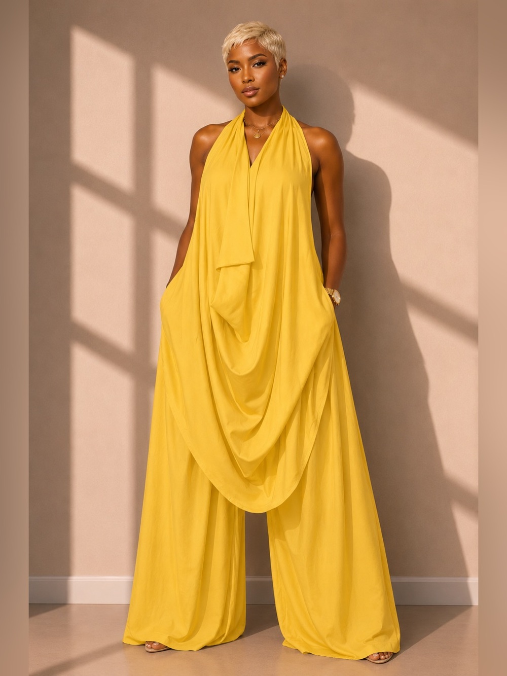 Flowing Halter Draped Pant Suit  - Yellow